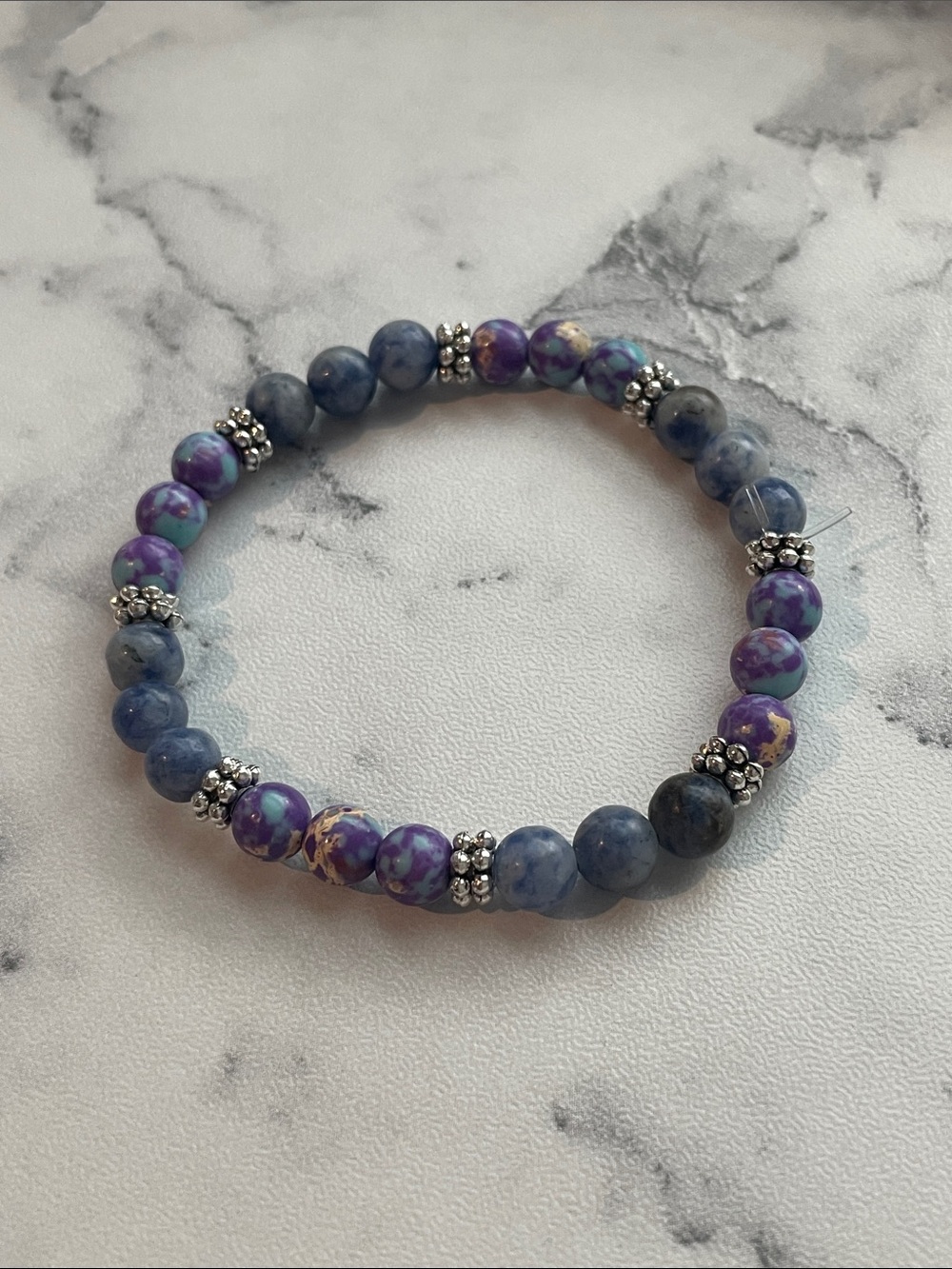 Natural stone, hand beaded elastic bracelet. 6.5 inches.